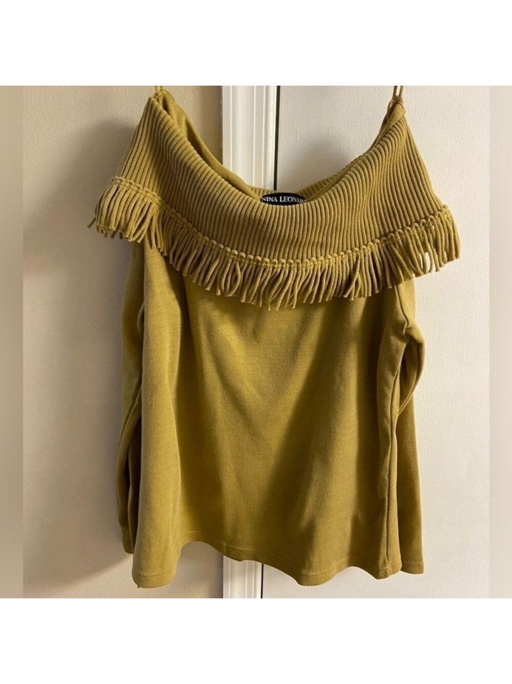 Nina Leonard QVC Mustard Knit Top off shoulder fringed Medium New